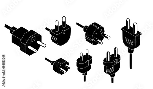 Black isometric electrical plug icons set with two pin and three pin connectors