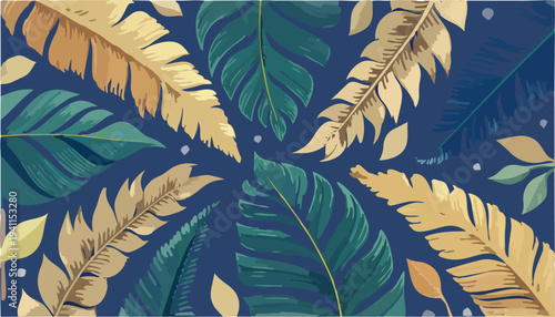 Vibrant tropical leaf pattern with gold and green leaves on a dark blue background with a flat design style and exotic feel.