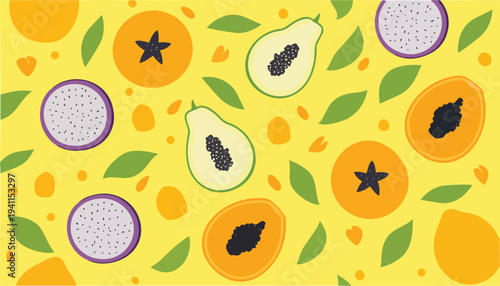 Vibrant pattern of sliced dragon fruits, oranges, and avocados with green leaves on a bright yellow background.