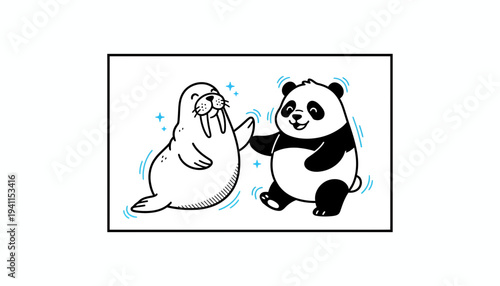 Adorable cartoon walrus and panda share a playful high-five, celebrating friendship and connection