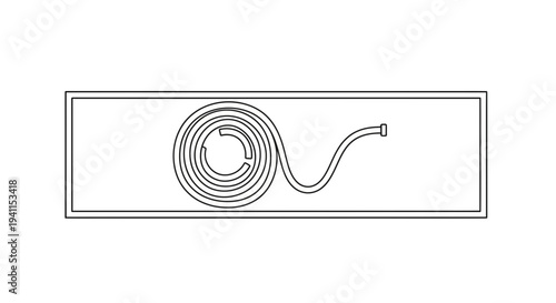 Minimalist line illustration of a coiled utility hose with a nozzle within a rectangular outline