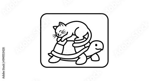Charming black and white illustration of a peacefully sleeping cat resting comfortably on a