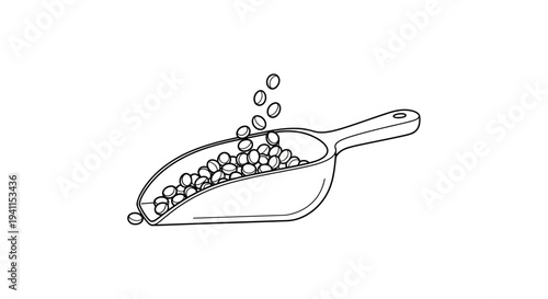 Minimalist line art illustration of a measuring scoop collecting various small round items