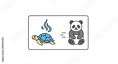 Charming cartoon riddle showing a steaming turtle equating to a friendly seated panda character