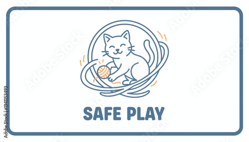 Charming line art icon depicting a joyful feline engaged in playful yarn activities