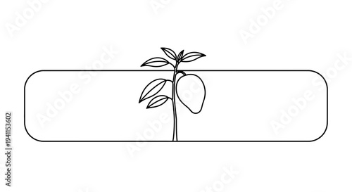 Simple line drawing depicting a growing fruit plant with a prominent mango fruit within a clean