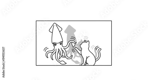 Whimsical monochrome illustration of an unexpected encounter between a curious feline and a