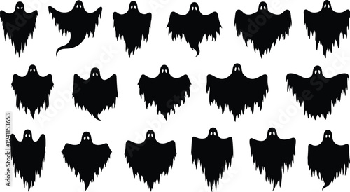 Halloween ghost silhouettes collection, spooky vector illustration, eighteen unique ghost shapes, black spooky figures, scary design elements, haunted theme, eerie cartoon spirits