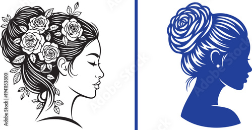 Side profile vector of a woman with an elegant updo hairstyle adorned with roses. Features a detailed black line art version and a solid blue silhouette on a white background.