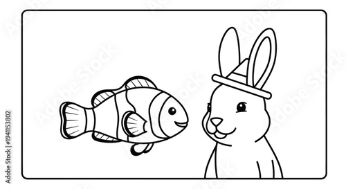 Charming line art illustration portraying a friendly striped fish engaging with a whimsical rabbit