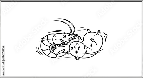 Joyful cartoon shrimp and hamster frolicking together in a delightful whimsical illustration