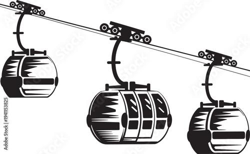 Three cable cars hanging on wire rope line moving up slope on transparent background transportation concept