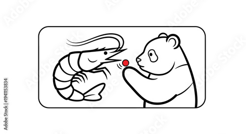 Playful line art featuring a panda sharing a red ball with an inquisitive shrimp creating a unique