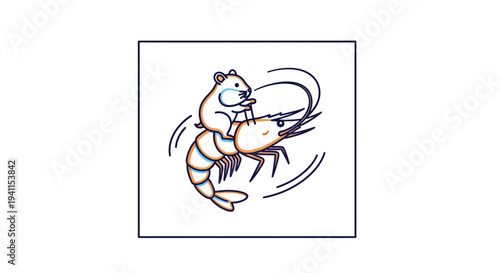 A humorous illustration of a tiny hamster riding a large shrimp creating a playful scene