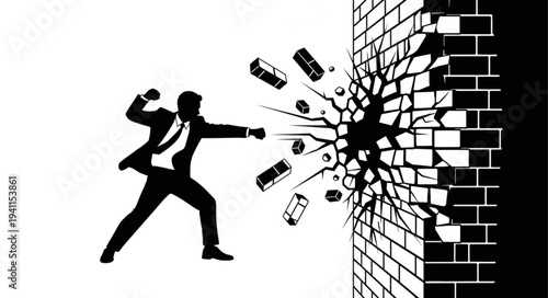 Man Breaking Through Brick Wall.