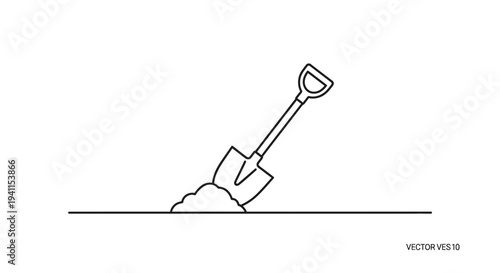Modern line art vector of a shovel digging into ground, symbolizing gardening, earthwork, and