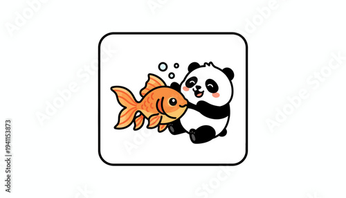Whimsical illustration of a delightful panda and its aquatic friend sharing a tender moment