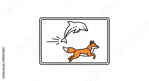 Dynamic contrast of a leaping dolphin and a swift running fox in a clear graphic illustration