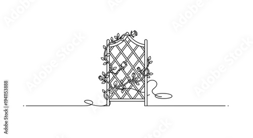 Minimalist single line art drawing of a garden trellis adorned with climbing rose vines and