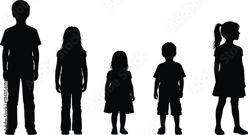 Silhouette illustration of six children standing in a row, varying heights and postures, boys and girls, educational design, age progression concept