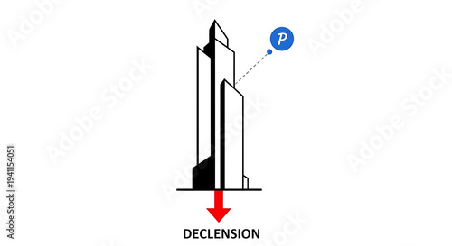 graphic illustration of modern skyscrapers with point p and a red arrow indicating declension symbolizing a downward trend.