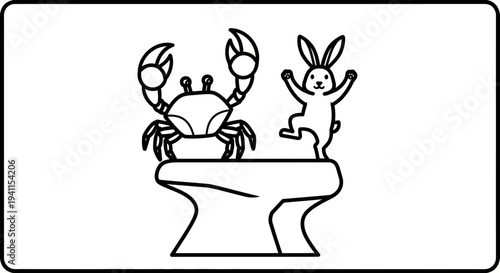 Delightful black and white outline illustration of a playful crab and an excited rabbit