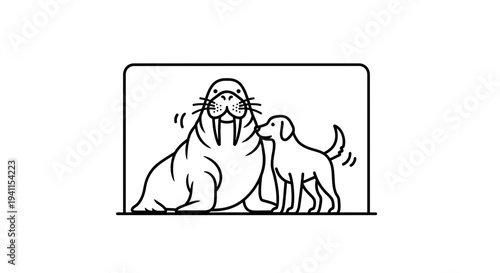 Stylized minimalist line art portraying an endearing walrus and loyal dog companion side by side
