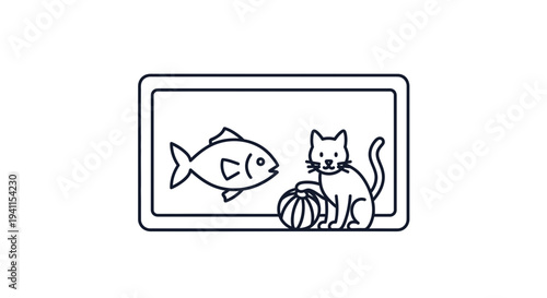 Charming line art of a curious cat observing a fish playfully, showcasing pet dynamics and simple