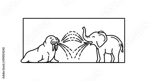 Whimsical walrus and playful elephant enjoy a water spray interaction in a delightful illustration