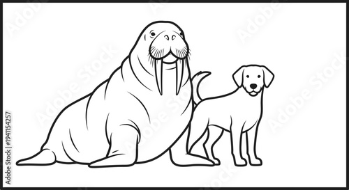 Clean vector line art illustration of a walrus and a dog standing side by side minimalist graphic