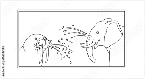 A playful walrus and an elephant engaging in a refreshing water spray exchange line art