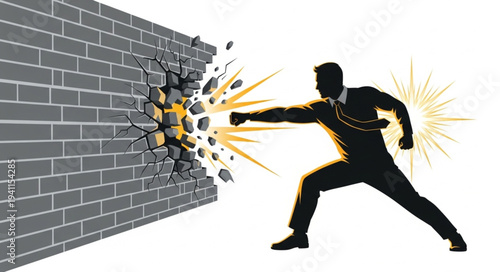 Man Breaking Through Brick Wall.