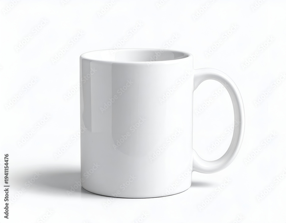 Fototapeta premium Plain white ceramic mug with handle, isolated on a white background