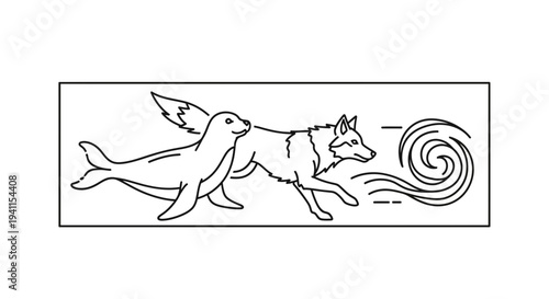 Winged seal and running wolf mythic creatures chase line art illustration dynamic