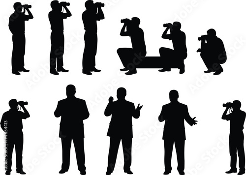 Man silhouette with binoculars collection, businessman looking for opportunities, vision, strategy, leadership, professional observation, bird watching, searching, and future planning.