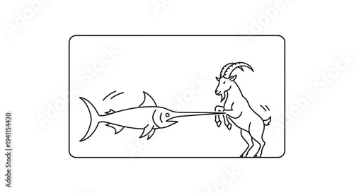 An absurd interaction between a swordfish and a goat in a minimalist line art drawing depicting an