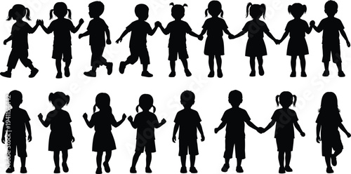 Children silhouette collection, kids holding hands, childhood friendship, school students, diversity, play, unity, joy, primary education, group of little boys and girls.