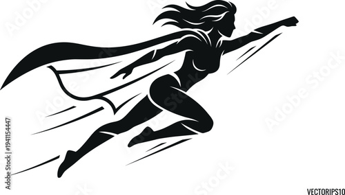 Powerful flying female superhero silhouette with long flowing cape and hair soaring through the air for justice strength courage and empowerment vector design