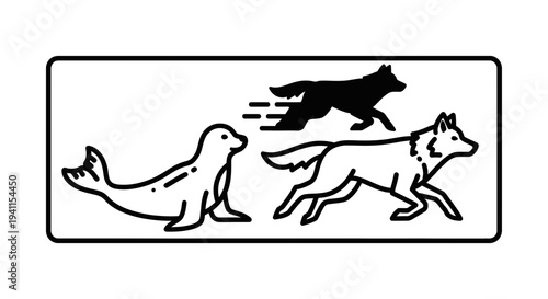 Illustrative depiction of a peaceful marine mammal and swift canines in motion
