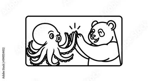 Delightful high-five between cartoon octopus and panda celebrating friendship and successful