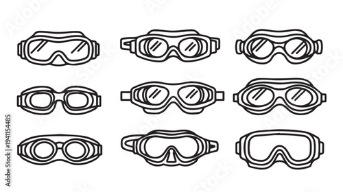 Collection of Nine Different Styles of Goggles Line Art Isolated on White