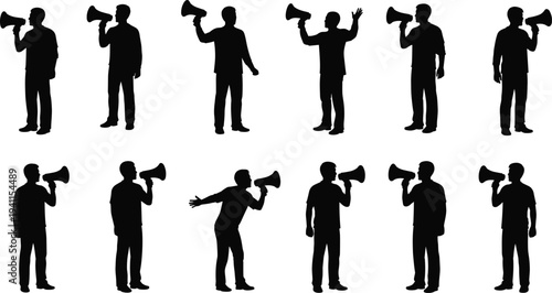 Man silhouette with megaphone collection for announcement, protest, marketing, promotion, public speaking, communication, loud speech, news, broadcasting, leadership, and advertising.