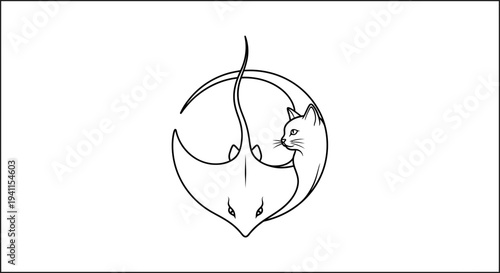Elegant monochrome illustration featuring a stylized stingray and curious cat in a harmonious