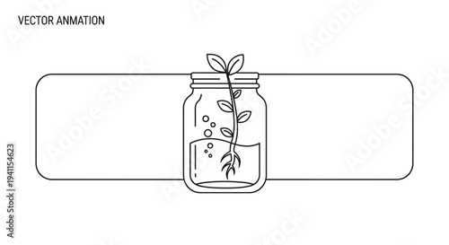 Minimalist vector illustration of a plant sprout growing hydroponically in a glass jar,