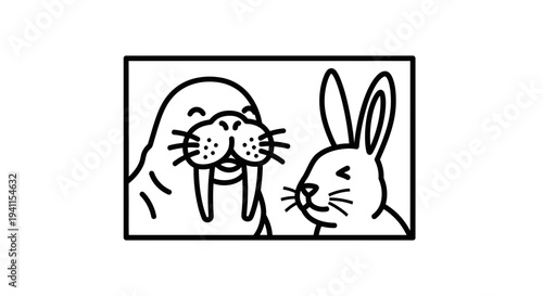 Charming minimalist illustration featuring a happy walrus and smiling bunny friends in line art