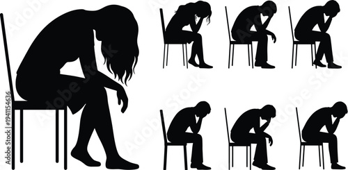 Black silhouettes of depressed people sitting on chairs, expressing sadness, grief, and loneliness, isolated set for mental health awareness, emotional.
