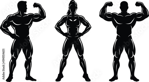 Bodybuilding silhouettes set featuring muscular male and female athletes posing to show muscles isolated on white background for gym and fitness logo design