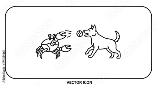 Crab and dog playing with a ball in a fun, minimalist line art vector icon illustration