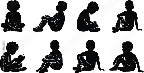 WebCollection of black silhouettes of diverse children sitting in various poses, reading, relaxing, and contemplating, isolated on a white background.
