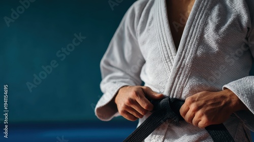 A judo athlete ties a black belt around a white judogi while standing on a blue tatami mat. Focus is on the hands and the texture of the belt in a professional setting
